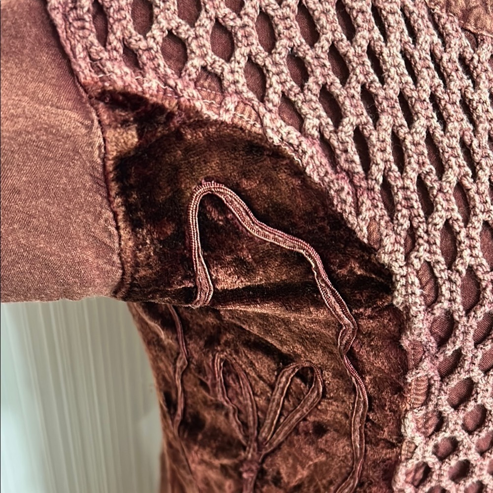 Vintage 90s Boho Bohemian Hippie BrownDress Puff Sleeve Crew Neck - Picture 3 of 11